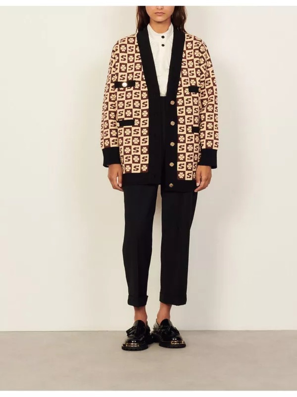 Sandro Black and Beige Logo Jacquard Cardigan
